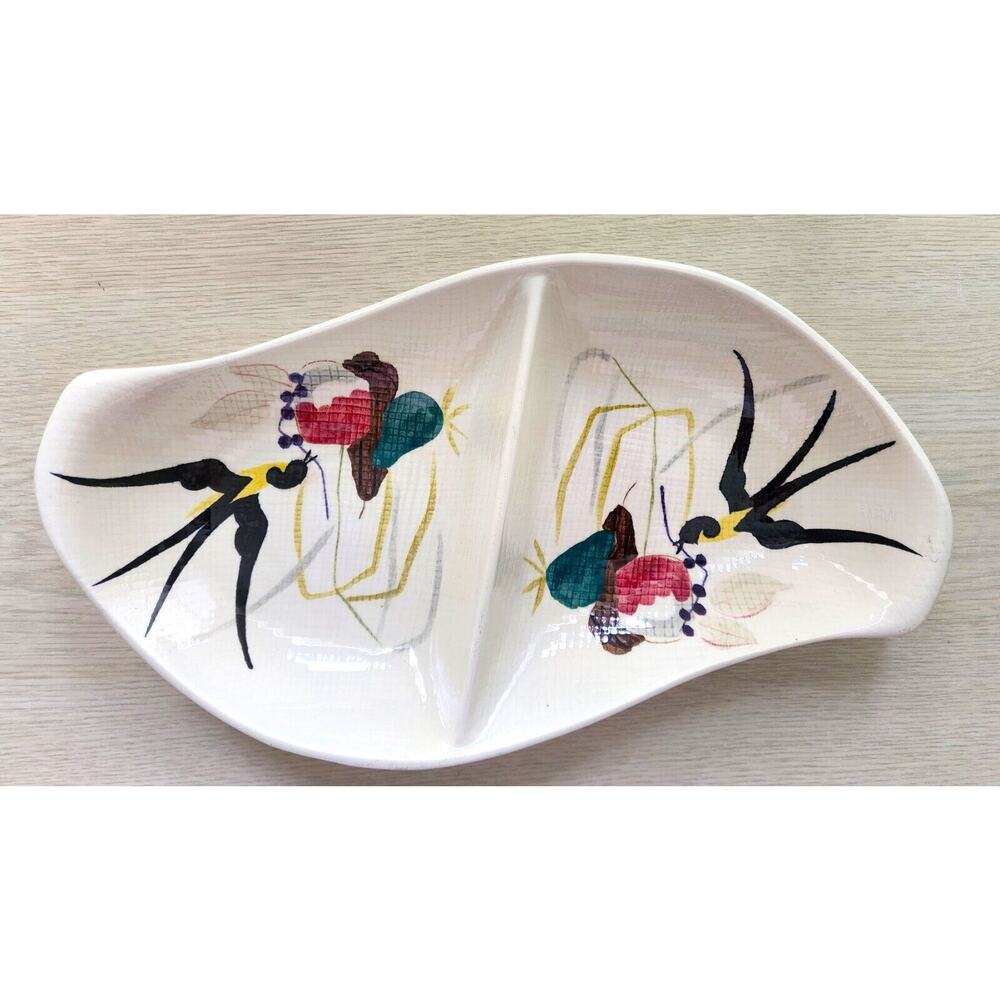 Dish-Red Wing-Double Sided-Capistrano Swallow Birds-Vintage-MCM-Serving Dish